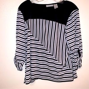 Alfred Dunner Petite Large Black and White Striped Embellished Blouse